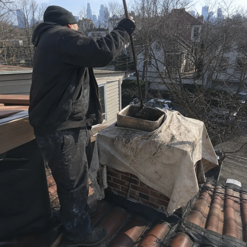 Professional chimney sweep cleaning a brick chimney from a rooftop
