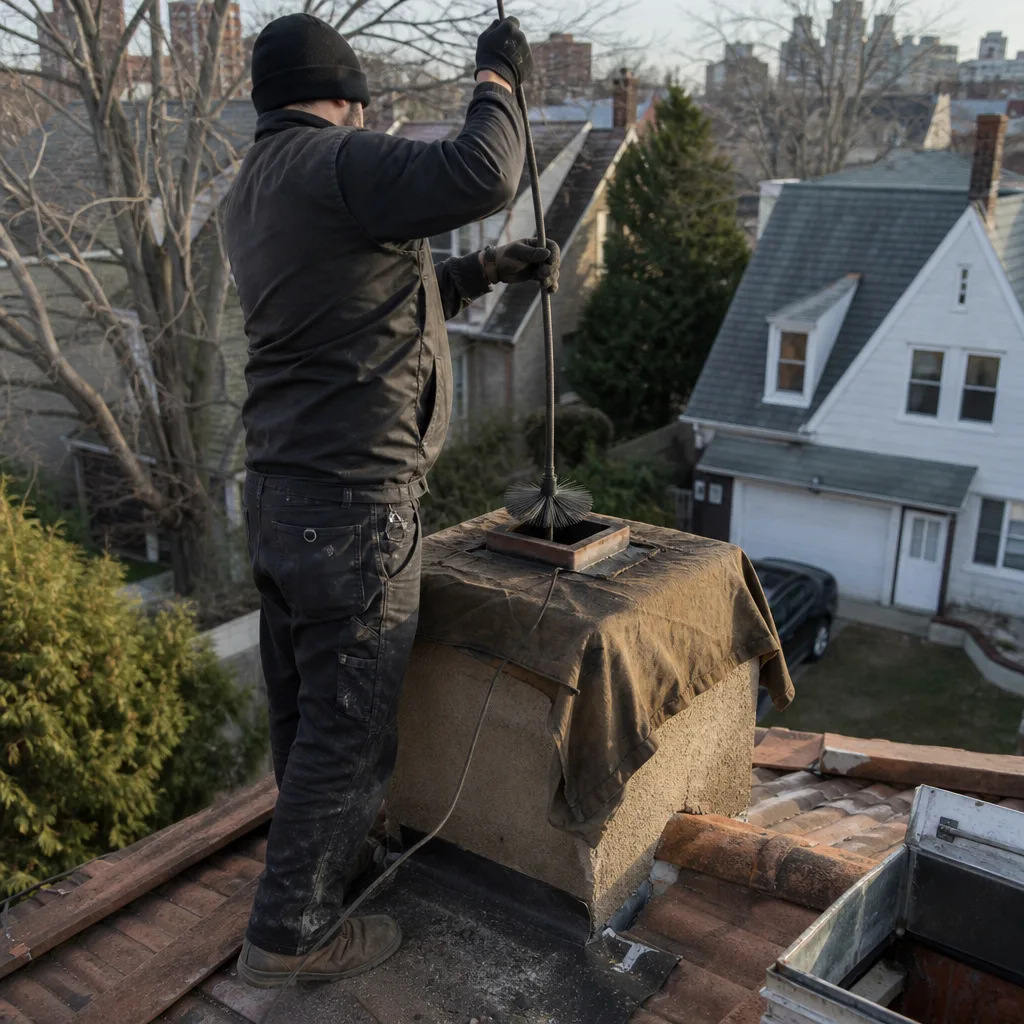 Professional chimney sweep performing a chimney cleaning and inspection on a roof.