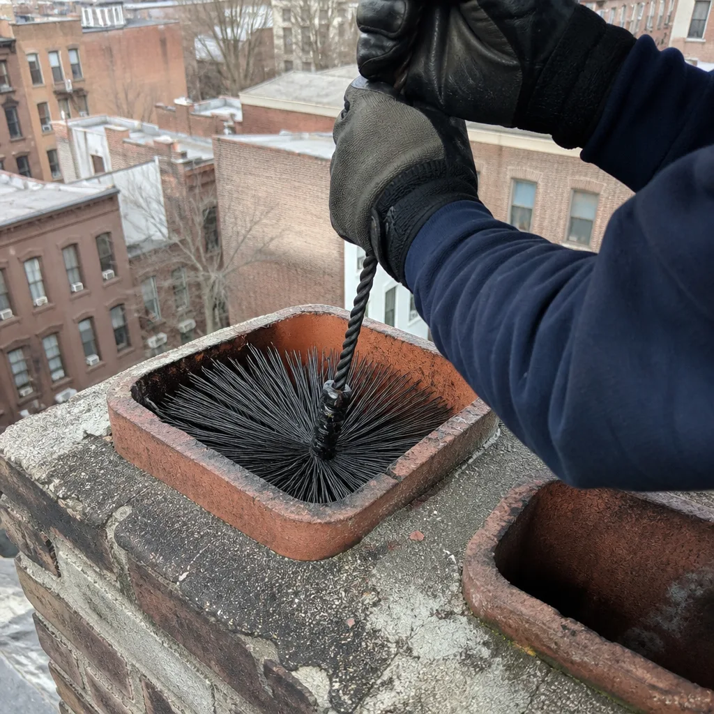 Professional technician using a chimney sweep brush to clean a flue