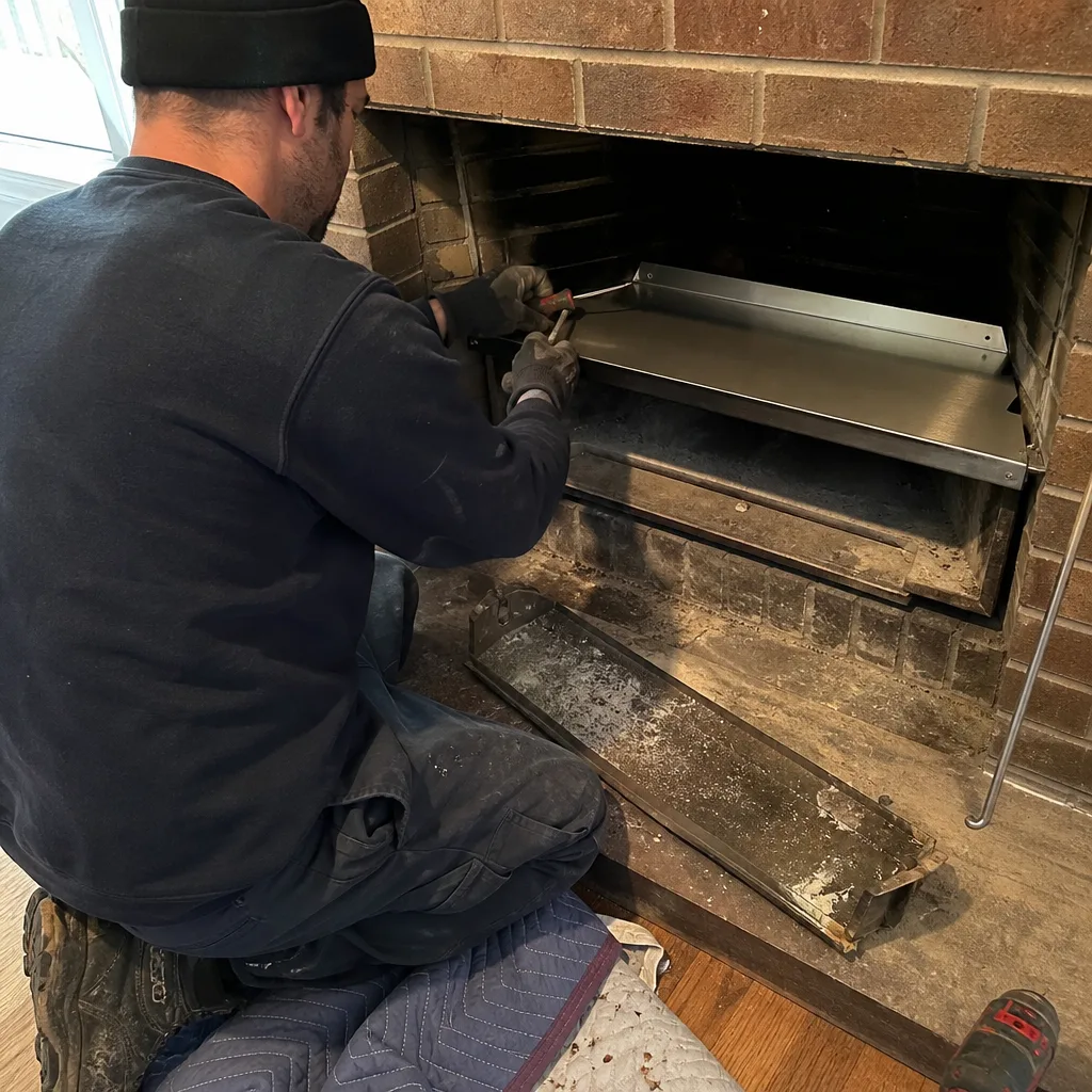 Technician installing a custom metal fireplace insert for chimney service