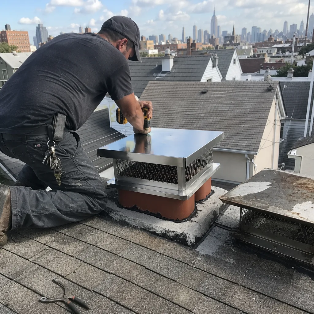 Technician installing a new stainless steel chimney cap on a rooftop in Manhattan, NY