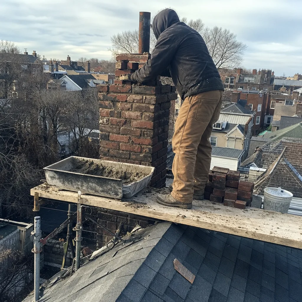 Professional mason performing a brick chimney rebuild and liner repair on rooftop in Manhattan, NY