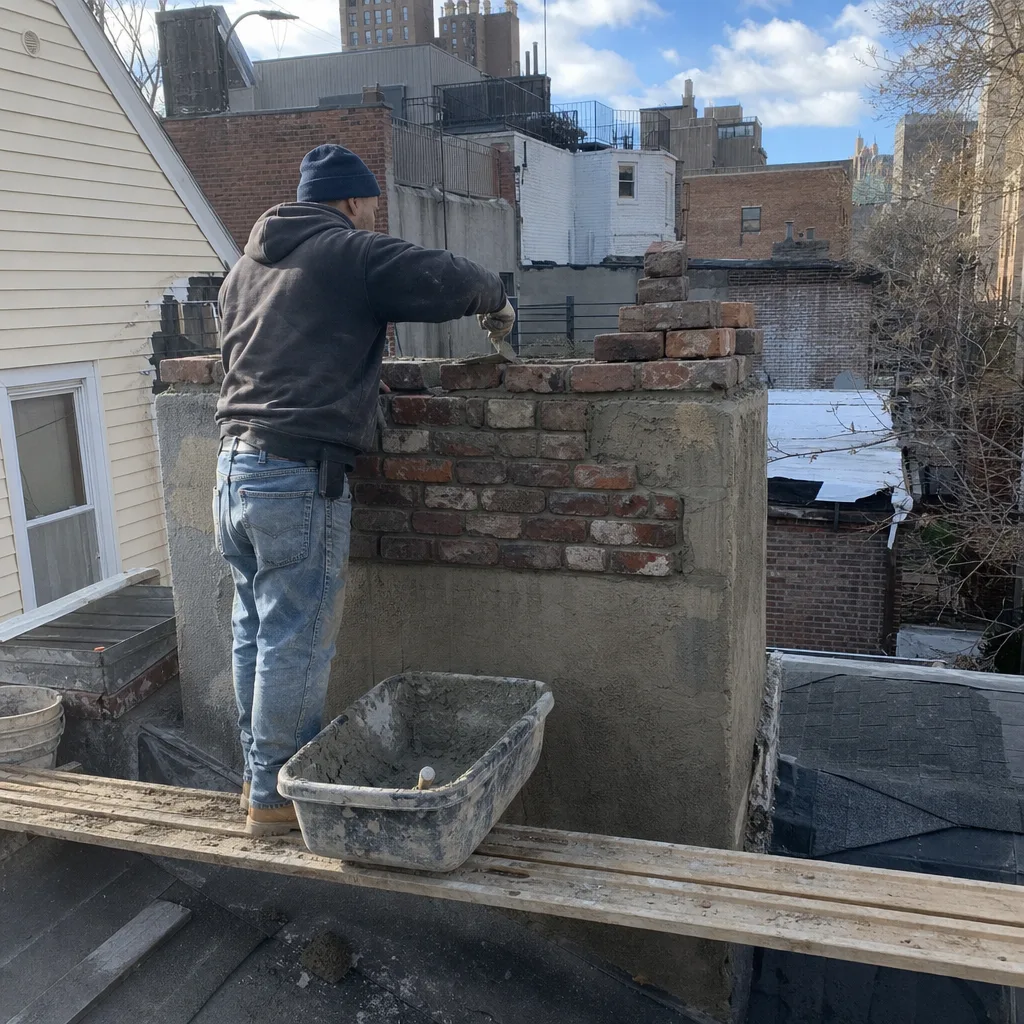 Mason performing professional chimney brickwork and structural rebuild on a rooftop in Manhattan, NY